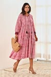 Buy_MoonTara_Pink Cotton Printed Ikat Notched Round Neck Tiered Dress  _at_Aza_Fashions