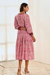 Shop_MoonTara_Pink Cotton Printed Ikat Notched Round Neck Tiered Dress  _at_Aza_Fashions