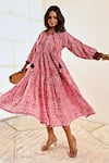 MoonTara_Pink Cotton Printed Ikat Notched Round Neck Tiered Dress  _Online_at_Aza_Fashions