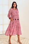 Buy_MoonTara_Pink Cotton Printed Ikat Notched Round Neck Tiered Dress  _Online_at_Aza_Fashions