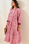 Shop_MoonTara_Pink Cotton Printed Ikat Notched Round Neck Tiered Dress  _Online_at_Aza_Fashions