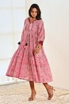 MoonTara_Pink Cotton Printed Ikat Notched Round Neck Tiered Dress  _at_Aza_Fashions