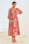 Buy_MoonTara_Red Cotton Printed Floral V Neck Empire Dress  _at_Aza_Fashions