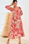 Shop_MoonTara_Red Cotton Printed Floral V Neck Empire Dress  _Online_at_Aza_Fashions