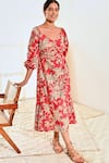 MoonTara_Red Cotton Printed Floral V Neck Empire Dress  _at_Aza_Fashions