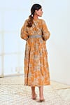 Shop_MoonTara_Yellow Cotton Printed Floral Lapel Collar Tiered Dress  _at_Aza_Fashions