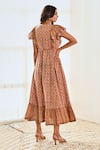 Shop_MoonTara_Orange Cotton Block Printed Botanical V Ruffle Yoke Tiered Dress  _at_Aza_Fashions