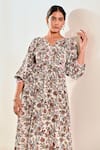 Shop_MoonTara_White Cotton Block Printed Botanical Balloon Sleeve Dress  _Online_at_Aza_Fashions