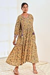 MoonTara_Yellow Cotton Printed Liberty Notched Round Neck Tiered Dress  _Online_at_Aza_Fashions