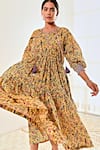 Buy_MoonTara_Yellow Cotton Printed Liberty Notched Round Neck Tiered Dress  _Online_at_Aza_Fashions