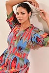 Shop_MoonTara_Red Cotton Printed Abstract V Neck A-line Dress  _Online_at_Aza_Fashions