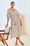 Buy_MoonTara_White Cotton Block Printed Ditsy V Neck Balloon Sleeve Dress  _at_Aza_Fashions