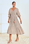 MoonTara_White Cotton Block Printed Ditsy V Neck Balloon Sleeve Dress  _Online_at_Aza_Fashions