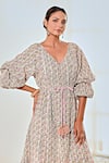 Buy_MoonTara_White Cotton Block Printed Ditsy V Neck Balloon Sleeve Dress  _Online_at_Aza_Fashions