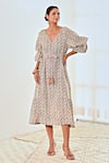 Shop_MoonTara_White Cotton Block Printed Ditsy V Neck Balloon Sleeve Dress  _Online_at_Aza_Fashions