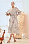 MoonTara_White Cotton Block Printed Ditsy V Neck Balloon Sleeve Dress  _at_Aza_Fashions