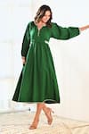 MoonTara_Green Cotton Notched Balloon Sleeve Dress _Online_at_Aza_Fashions