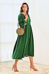 Buy_MoonTara_Green Cotton Notched Balloon Sleeve Dress _Online_at_Aza_Fashions