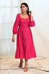 MoonTara_Pink Cotton Scoop Neck Balloon Sleeve Solid Dress _Online_at_Aza_Fashions