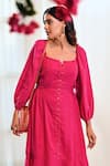 MoonTara_Pink Cotton Scoop Neck Balloon Sleeve Solid Dress _at_Aza_Fashions