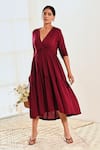 Buy_MoonTara_Magenta Cotton V Neck Asymmetric Tiered Dress _at_Aza_Fashions