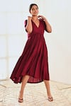 Buy_MoonTara_Magenta Cotton V Neck Asymmetric Tiered Dress _Online_at_Aza_Fashions