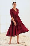 Shop_MoonTara_Magenta Cotton V Neck Asymmetric Tiered Dress _Online_at_Aza_Fashions