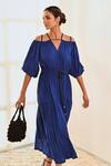 MoonTara_Blue Cotton Cold Shoulder Balloon Sleeve Dress_Online_at_Aza_Fashions