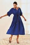 Shop_MoonTara_Blue Cotton Cold Shoulder Balloon Sleeve Dress_Online_at_Aza_Fashions