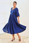 MoonTara_Blue Cotton V Neck Tiered Dress  _at_Aza_Fashions