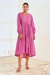 Buy_MoonTara_Pink Cotton Geometric Print Balloon Sleeve Dress_at_Aza_Fashions