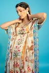 Shop_The Boozy Button_Multi Color Moroccan Silk Printed Kashmiri Floral V Neck Kaftan  _Online_at_Aza_Fashions