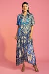 Buy_The Boozy Button_Blue Moroccan Silk Printed Surreal Collared Front Slit Kaftan _at_Aza_Fashions