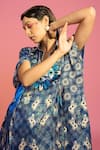 Buy_The Boozy Button_Blue Moroccan Silk Printed Surreal Collared Front Slit Kaftan _Online_at_Aza_Fashions