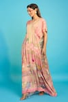 The Boozy Button_Pink Moroccan Silk Printed Mughal Palace V Neck Kaftan  _Online_at_Aza_Fashions