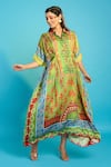 Buy_The Boozy Button_Green Moroccan Silk Printed Kashmiri Botanical Collared Kaftan  _at_Aza_Fashions