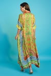 Shop_The Boozy Button_Green Moroccan Silk Printed Kashmiri Botanical Collared Kaftan  _at_Aza_Fashions