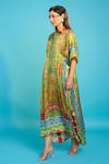 The Boozy Button_Green Moroccan Silk Printed Kashmiri Botanical Collared Kaftan  _Online_at_Aza_Fashions