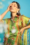 Buy_The Boozy Button_Green Moroccan Silk Printed Kashmiri Botanical Collared Kaftan  _Online_at_Aza_Fashions