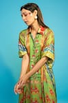 Shop_The Boozy Button_Green Moroccan Silk Printed Kashmiri Botanical Collared Kaftan  _Online_at_Aza_Fashions