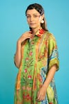 The Boozy Button_Green Moroccan Silk Printed Kashmiri Botanical Collared Kaftan  _at_Aza_Fashions