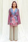 Buy_The Boozy Button_Multi Color Moroccan Silk Printed Floral Notched Lapel Wrap Top And Pant Set _at_Aza_Fashions