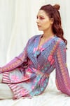 The Boozy Button_Multi Color Moroccan Silk Printed Floral Notched Lapel Wrap Top And Pant Set _Online_at_Aza_Fashions