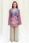 Shop_The Boozy Button_Multi Color Moroccan Silk Printed Floral Notched Lapel Wrap Top And Pant Set _Online_at_Aza_Fashions