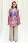 The Boozy Button_Multi Color Moroccan Silk Printed Floral Notched Lapel Wrap Top And Pant Set _at_Aza_Fashions