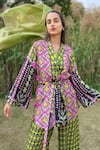 Shop_The Boozy Button_Multi Color Moroccan Silk Printed Geometric Wrap Top And Pant Set  _Online_at_Aza_Fashions