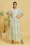 Buy_Samyukta Singhania_Green Muslin Abstract Round Pattern Draped Bodice Dress _at_Aza_Fashions