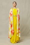 Samyukta Singhania_Yellow Gown Crepe Embellished Mirror Gown Sleeveless With Abstract Print Cape _Online_at_Aza_Fashions