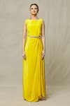 Samyukta Singhania_Yellow Gown Crepe Embellished Mirror Gown Sleeveless With Abstract Print Cape _at_Aza_Fashions