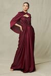 Buy_Samyukta Singhania_Maroon Gown Crepe Embroidery Cutdana Gown Sweetheart Bead Draped With Cape _at_Aza_Fashions